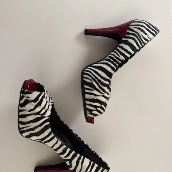 Candie's Black & White Zebra Peep-Toe Heels with Red Accents - Picture 2 of 5